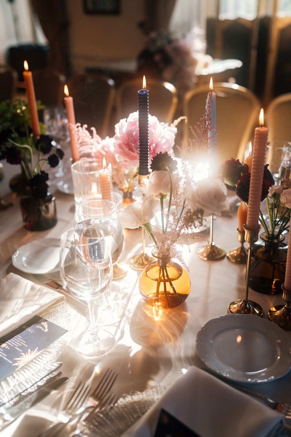 A candlelit reception table